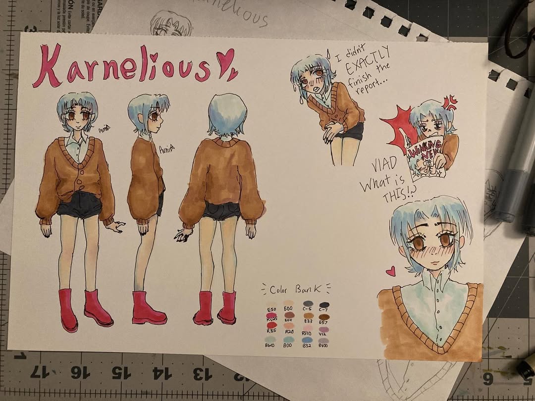 Karnelious Character Sheet: Angles, Poses, and Color Bank
